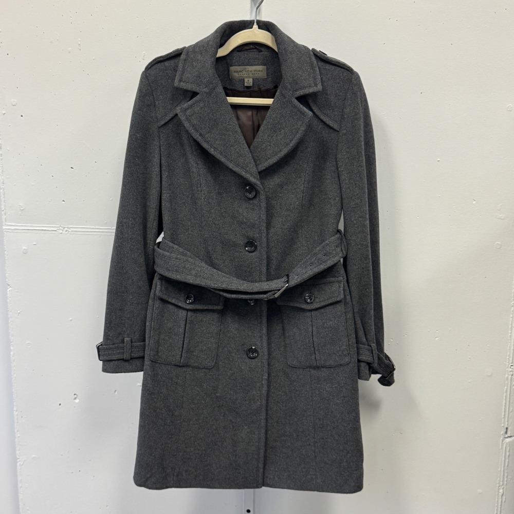 Marc New York Andrew Marc Gray Wool Blend Belted Overcoat Coat Jacket Womens 8